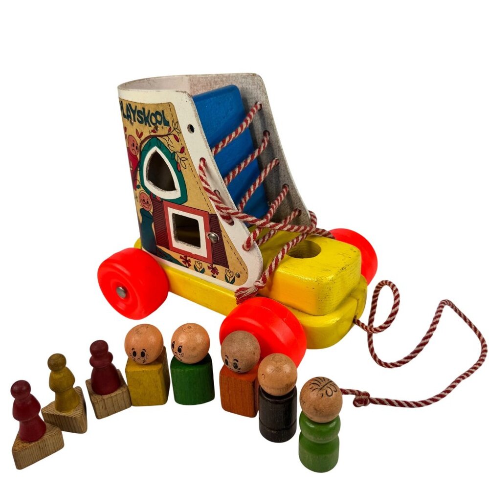 Playskool Wooden Pull Along Toy Shoe Lace Up People Figures 1970s Vtg Toddler - Picture 1 of 13